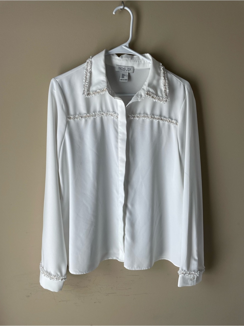 Rachel Zoe White Pearl-Trim Button Front Shirt